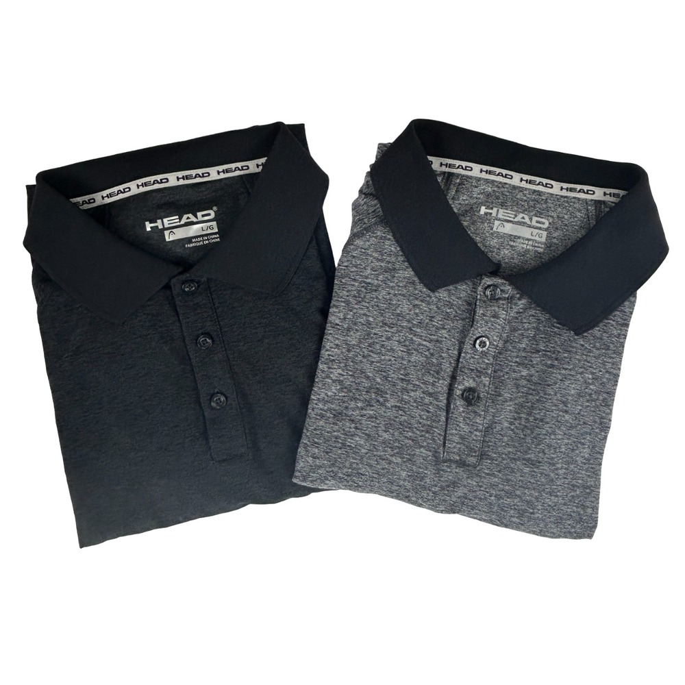 HEAD Polo Shirts Men Large Athletic Stretch Short Sleeve Gray Black Lot 2‎